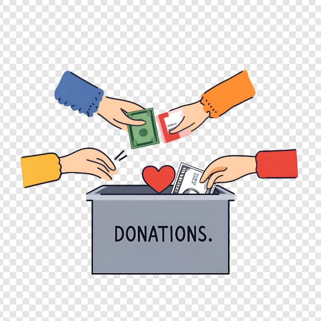 Donation box with hands giving money and hearts isolated on a transparent background