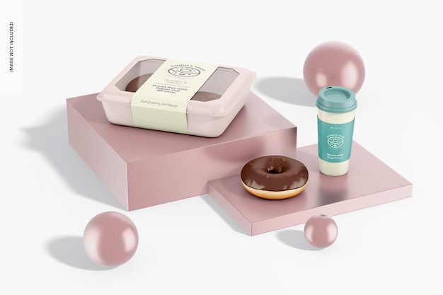 Donut Boxes with Paper Cup Mockup on Podium