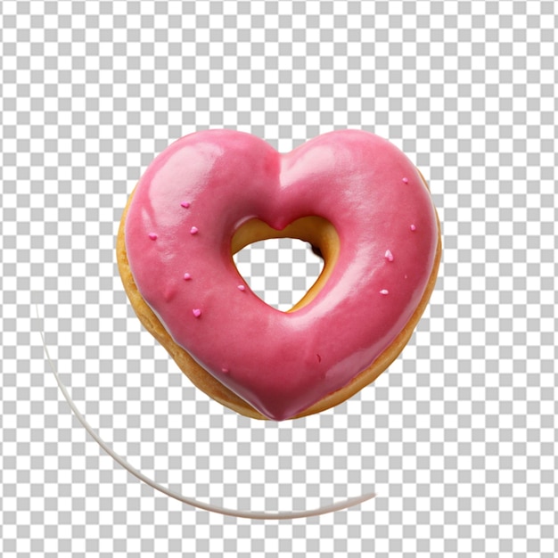 PSD donut with pink glaze in the shape of a heart on a white plate on transparent background