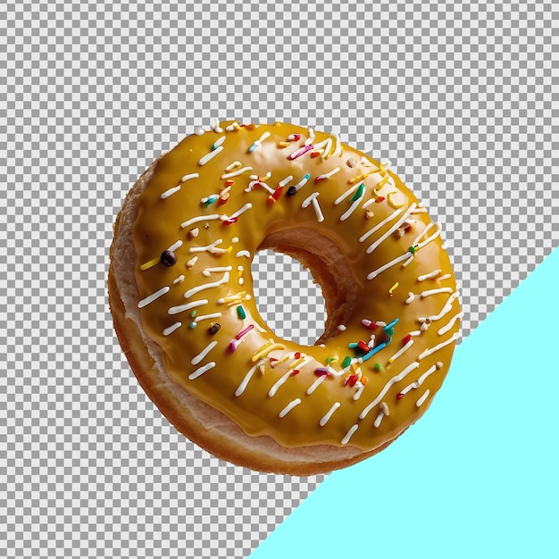 a donut with sprinkles and a square of paper with a blue background