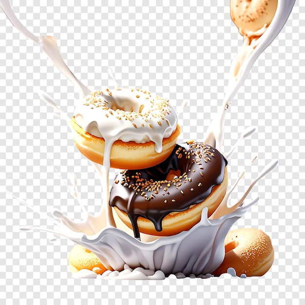 PSD donuts in dark and white chocolate with splashes isolated on a transparent background