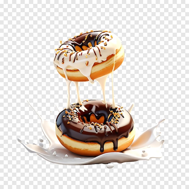 Donuts in dark and white chocolate with splashes isolated on a transparent background