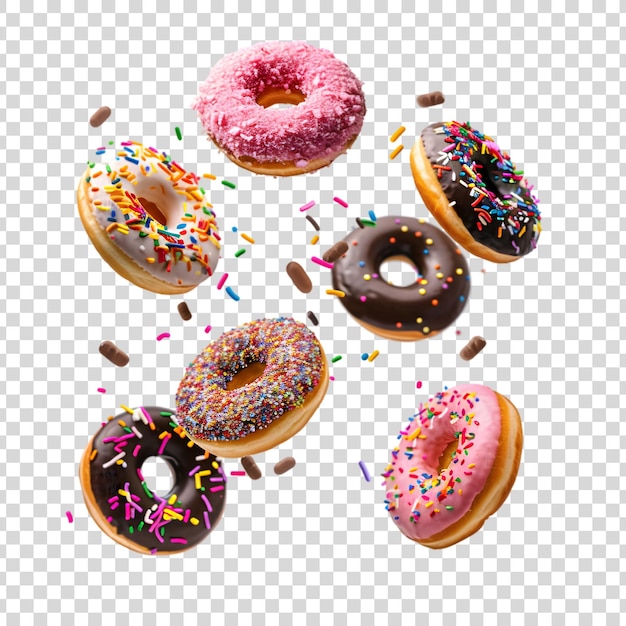 Donuts with colorful toppings isolated on a transparent background