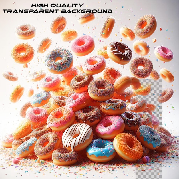 PSD donuts with pink glaze and drops on transparent background