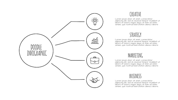 PSD doodle infographic circle with 4 options hand drawn icons thin line illustration