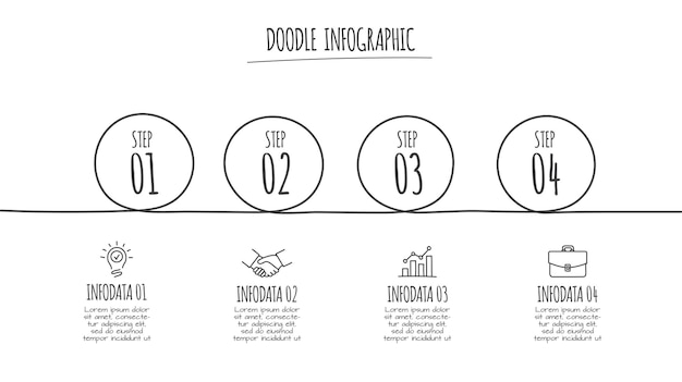 Doodle infographic circles with 4 options Hand drawn icons Thin line illustration