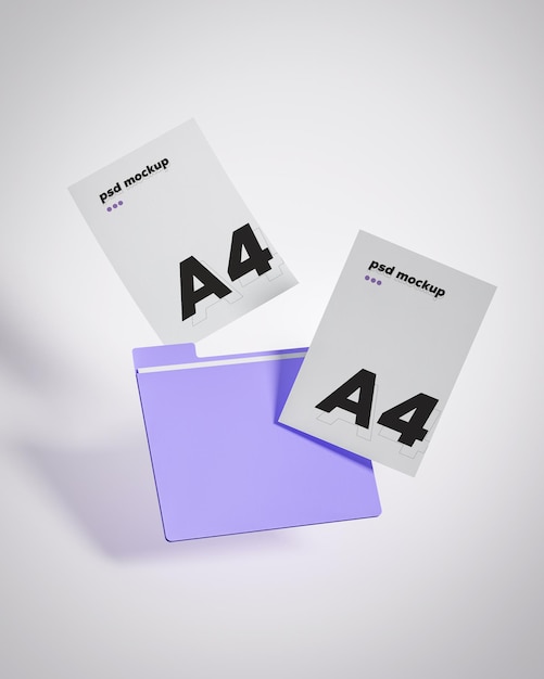 Double a4 white paper violet folder file mockup for visualization on white background