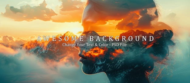 PSD double exposure combines a womans face and high mountains at sunset