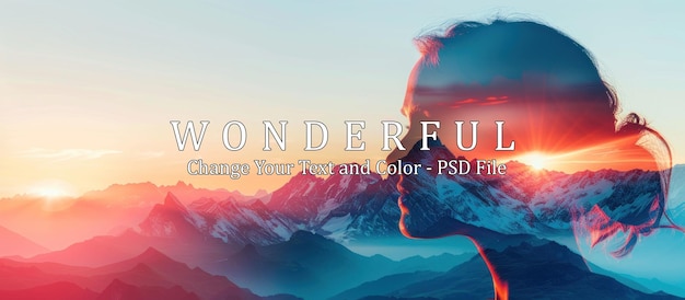 Double exposure combines a womans face and high mountains at sunset