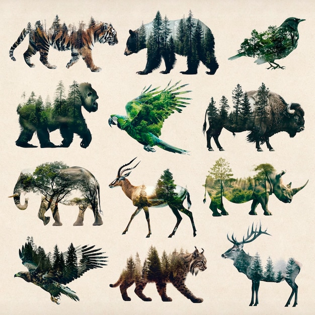 PSD double exposure wildlife silhouettes