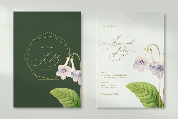 double side green wedding invitation with a flower on it.