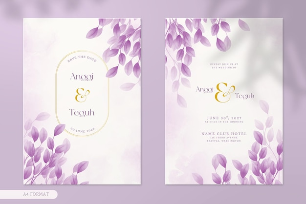 Double Side Modern Wedding Invitation with Pink Leaves Watercolor