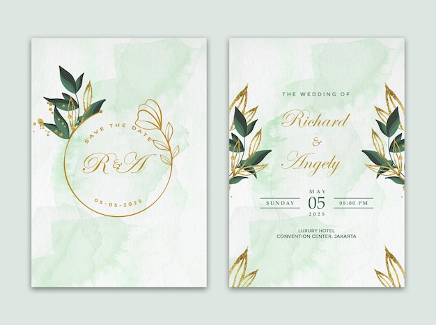 Double side wedding invitation template design with green leaves and flowers golden ornaments