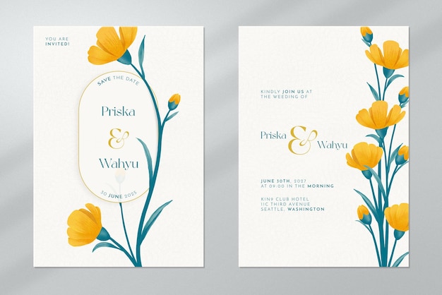 Double side wedding invitation with flower watercolor ornaments