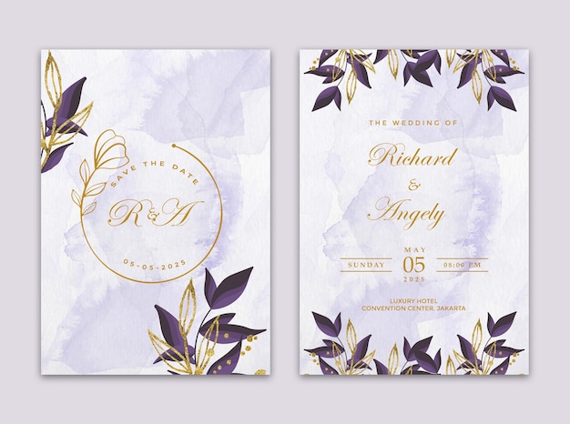 Double side wedding invitation with leaves and flowers watercolor ornaments