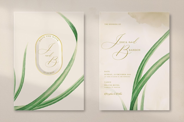 Double side wedding invitation with vintage leaves ornament