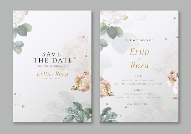 double sided elegant wedding invitation template with flowers