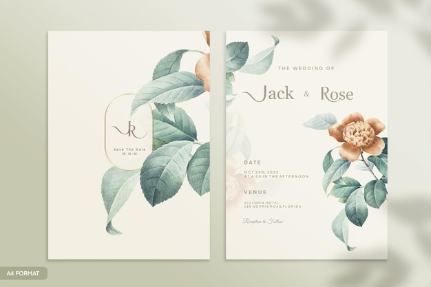 PSD double sided vintage wedding invitation template with green flower