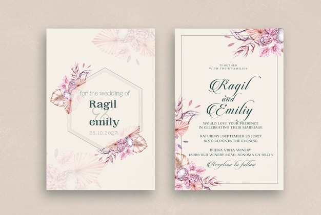 Double sided Vintage wedding invitation template with orang flower