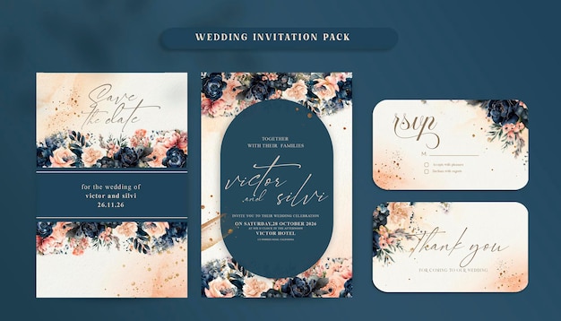 Double sided watercolor wedding invitation with elegant navy blue and teal flowers