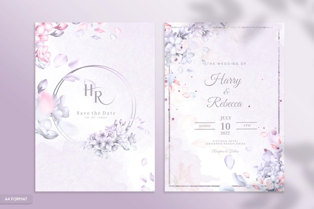 Double Sided Wedding Invitation Template with Blue Flower