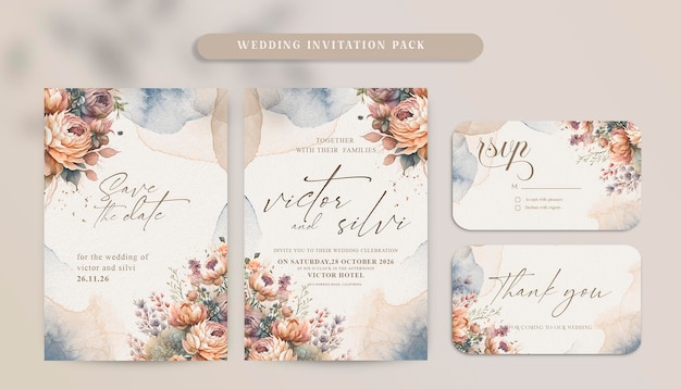 Double sided wedding invitation template with elegant watercolor browns roses