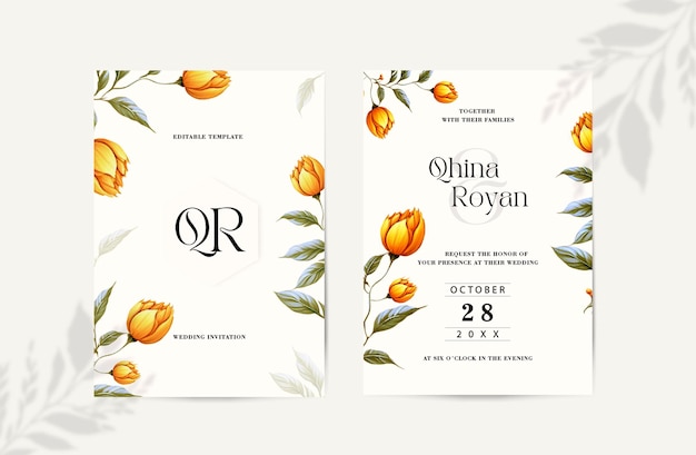 Double sided wedding invitation template with elegant watercolor flowers