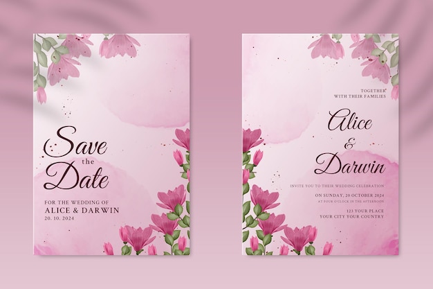 Double sided wedding invitation template with pink flower Premium Psd