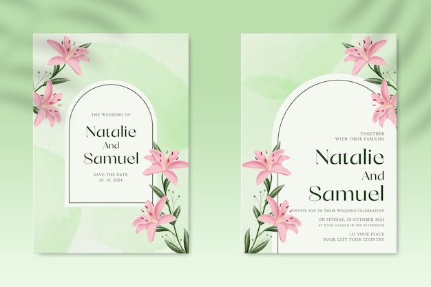 Double sided wedding invitation template with pink flower Premium Psd