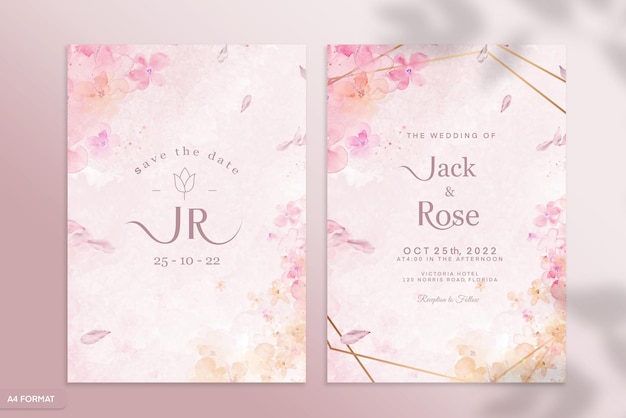 PSD double sided wedding invitation template with pink and red flower