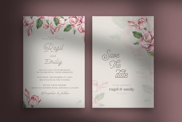 Double sided wedding invitation template with rose flower