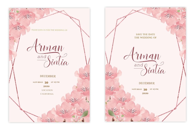 Double sided wedding invitation template with watter color flowers Premium Psd