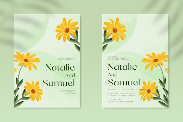 Double sided wedding invitation template with yellow flower Premium Psd