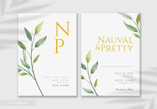 double sided wedding invitation with watercolor digital painting of branched leaves