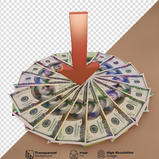 PSD down arrow circular market growth dollar money isolated on transparent background