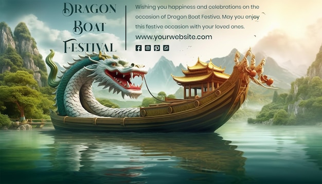 Dragon Boat Festival concept a boat decorated with dragon sculpture in water on natural background