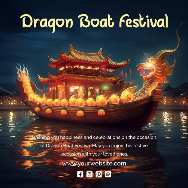 PSD dragon boat festival concept a boat decorated with dragon sculpture in water scene on night time