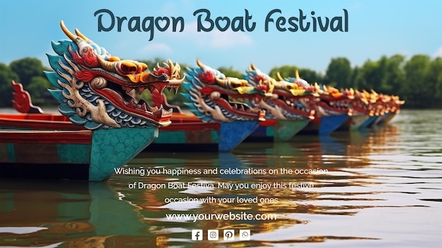 PSD dragon boat festival concept a group of boat decorated with dragon sculpture in water scenery