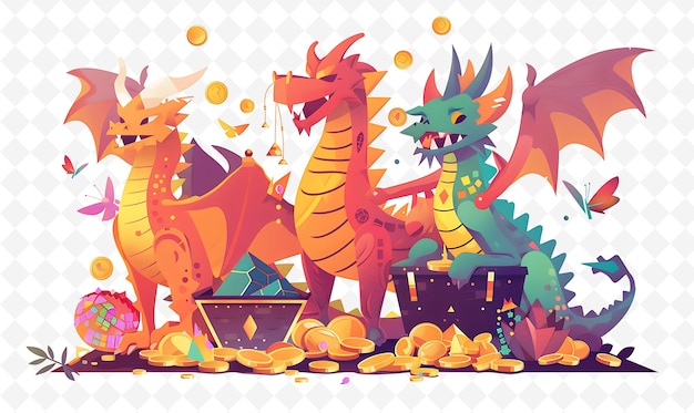 PSD dragon characters hoarding gold design is greedy and materia flat illustration festival theme art