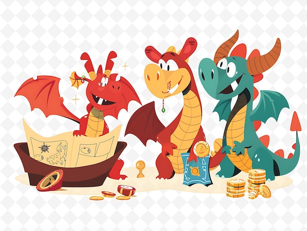 PSD dragon characters participating in a treasure hunt design is flat illustration festival theme art