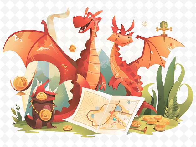 PSD dragon characters participating in a treasure hunt design is flat illustration festival theme art