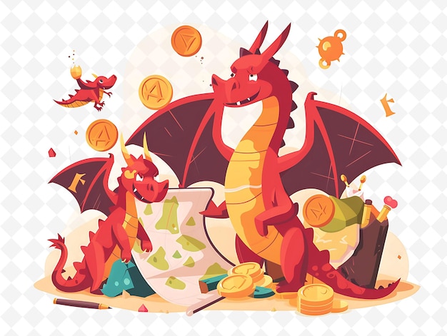 PSD dragon characters participating in a treasure hunt design is flat illustration festival theme art