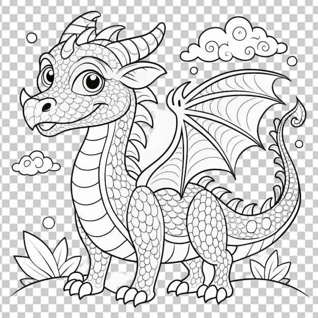 PSD dragon kid coloring page book line art transparent background