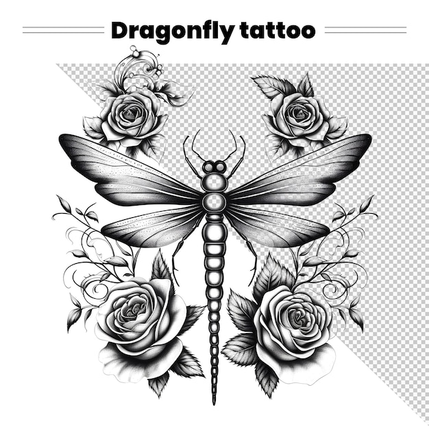 PSD a dragonfly tattoo with roses on it