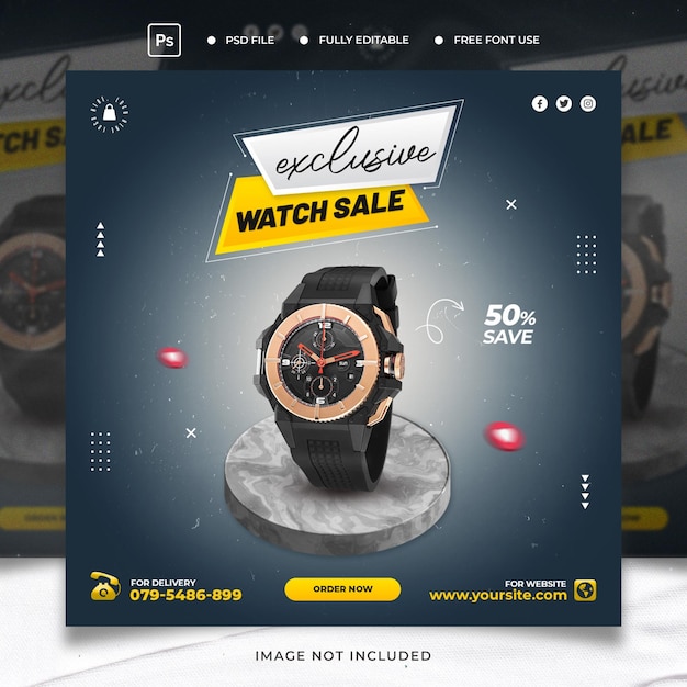 Drak color classic watch brand product social media post banner template