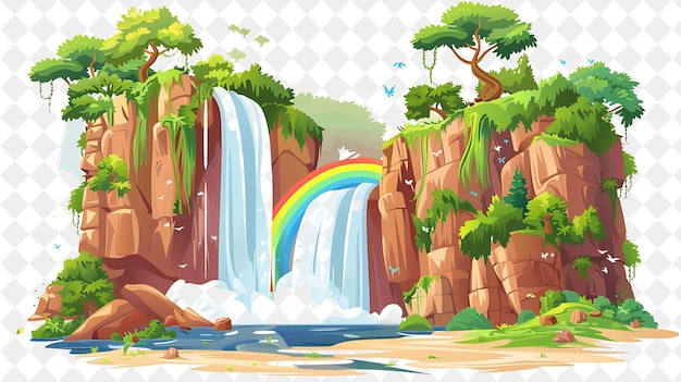 PSD dramatic canyon waterfall landscape with towering cliffs and illustration natural scenery design