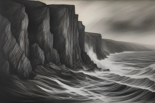 PSD dramatic cliffs tower over a turbulent sea in charcoal