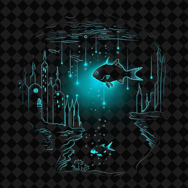 PSD dramatic neon mariana trench city with a silhouette of a fis png y2k ocean of light collections