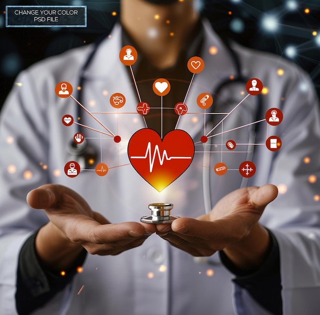 PSD dramatic shot of doctor hands holding red heart with medical icons and graph technology background