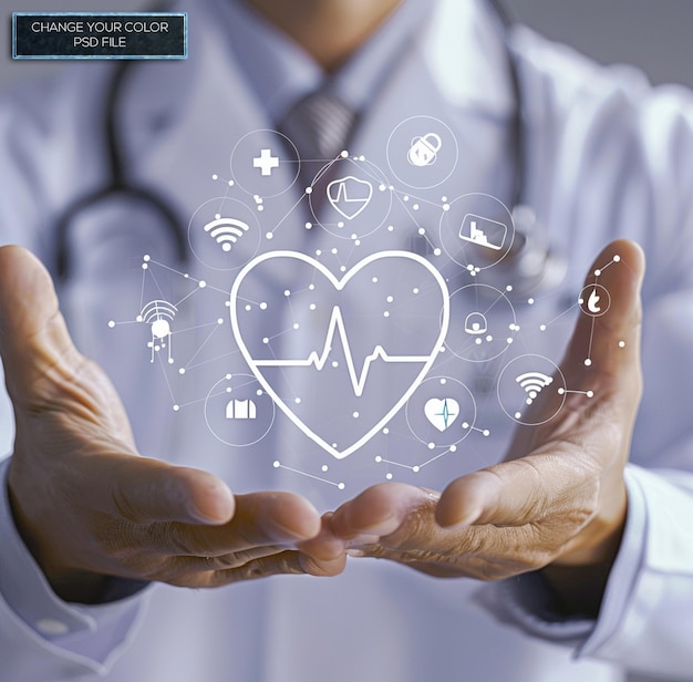 PSD dramatic shot of doctor hands holding red heart with medical icons and graph technology background